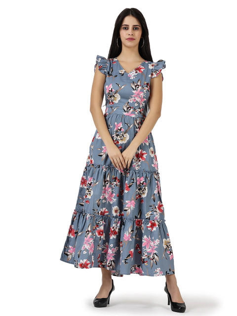 

Frempy Grey Floral Crepe Maxi Dress