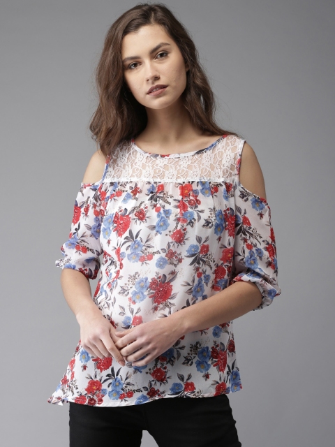 

Moda Rapido Women White & Red Floral Print Top