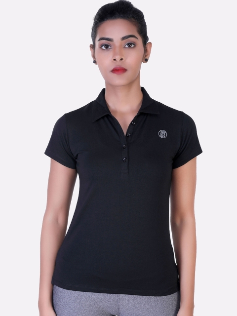 

LAASA SPORTS Women Black Mandarin Collar Applique Training or Gym T-shirt