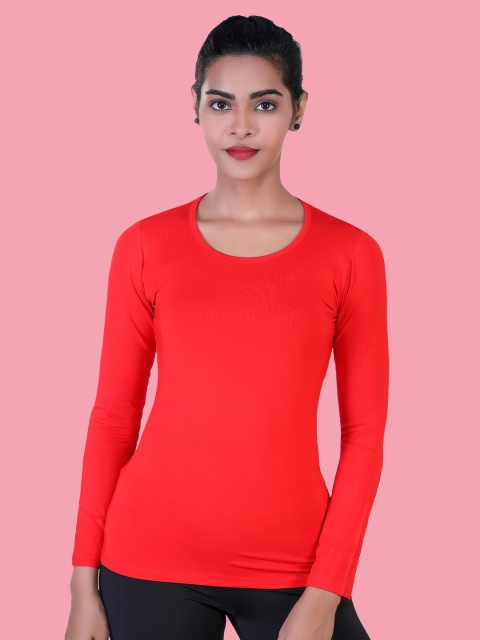 

LAASA SPORTS Women Red Henley Neck Raw Edge Slim Fit Training or Gym T-shirt