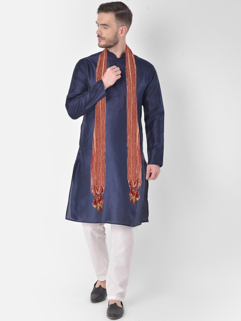 

SG LEMAN Men Navy Blue Ethnic Raw Silk Kurta with Pyjamas & With Dupatta