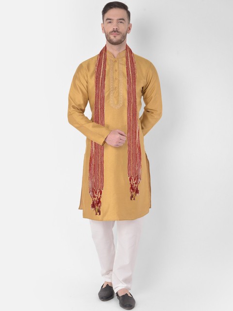 

SG LEMAN Men Gold-Toned Raw Silk Kurta with Churidar & With Dupatta