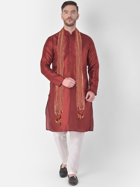 

SG LEMAN Men Maroon Ethnic Motifs Raw Silk Kurta with Churidar