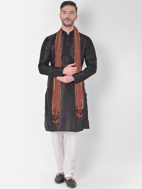 

SG LEMAN Men Black Thread Work Raw Silk Kurta with Pyjamas & With Dupatta