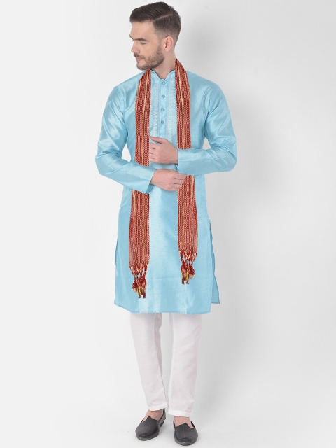 

SG LEMAN Men Turquoise Blue Raw Silk Kurta with Churidar & With Dupatta