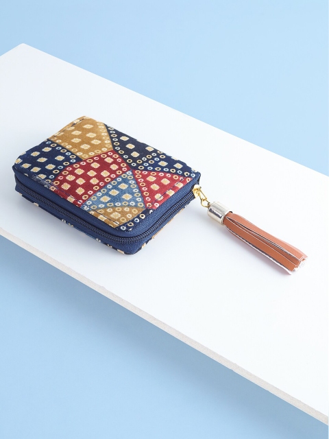 

Golden Peacock Women Navy Blue & Mustard Geometric Printed Zip Detail Zip Around Wallet