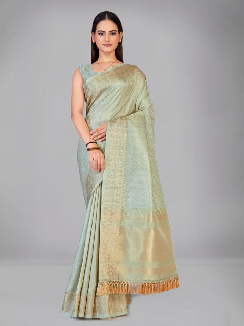 

MANOHARI Turquoise Blue & Golden Woven Design Zari Silk Blend Chanderi Saree