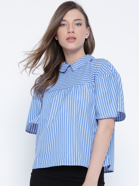 

SCOUP Women Blue & White Striped Boxy Top