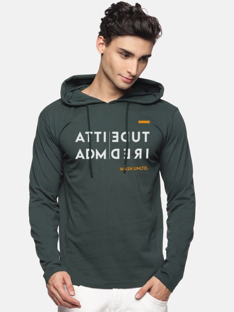 

BLACK RADIO Men Green Typography Printed Extended Sleeves Applique T-shirt