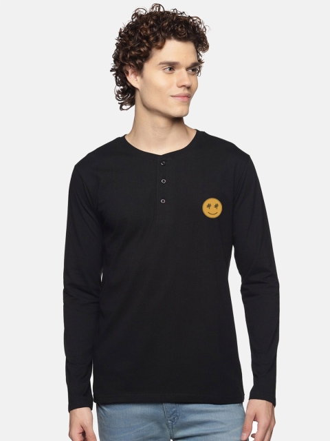 

BLACK RADIO Men Black Henley Neck Applique T-shirt