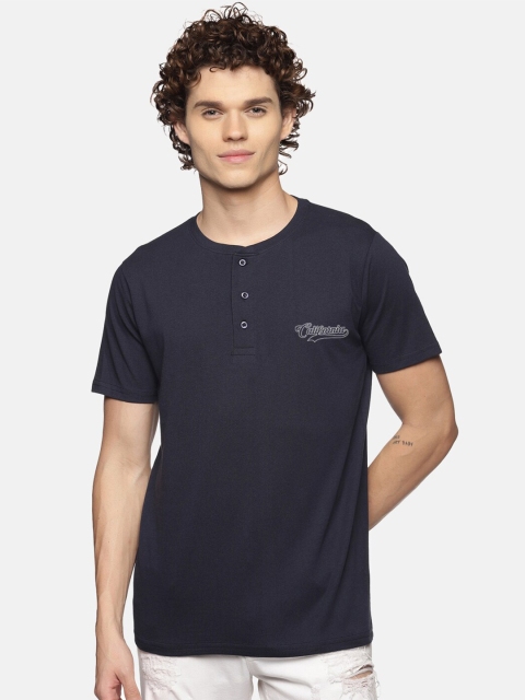 

BLACK RADIO Men Navy Blue Henley Neck T-shirt