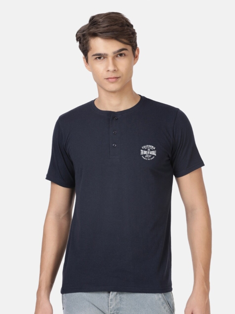 

BLACK RADIO Men Navy Blue Henley Neck Applique T-shirt