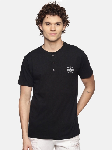 

BLACK RADIO Men Black Henley Neck Applique T-shirt