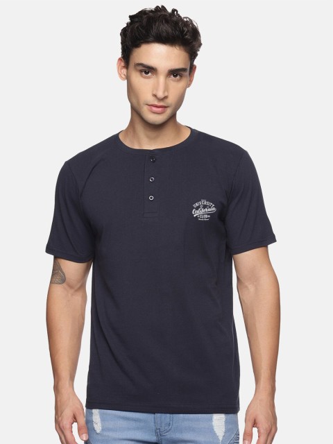 

BLACK RADIO Men Navy Blue Henley Neck T-shirt