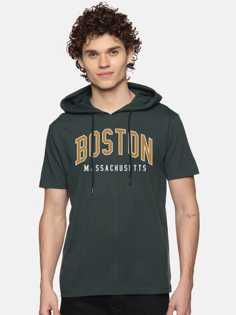 

BLACK RADIO Men Green Typography Printed Extended Sleeves Applique T-shirt