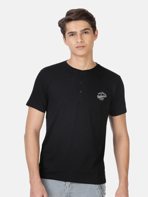 

BLACK RADIO Men Black Henley Neck Applique T-shirt