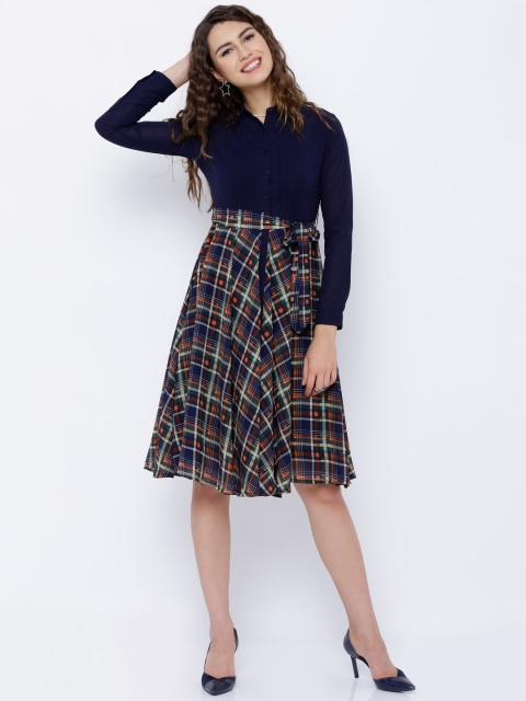 

Tokyo Talkies Women Navy Checked Shirt Dress, Navy blue