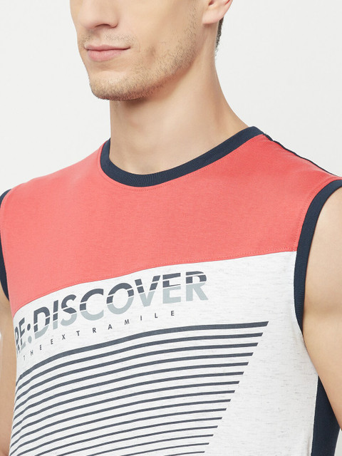 

Octave Men Coral & bit of blue Striped Applique T-shirt