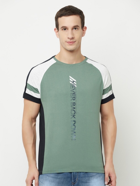 

Octave Men Olive Green & mineral blue Typography Printed Raw Edge T-shirt