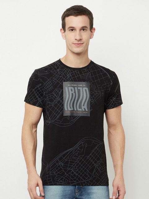 

Octave Men Black & french middle red purple Typography Printed Raw Edge T-shirt
