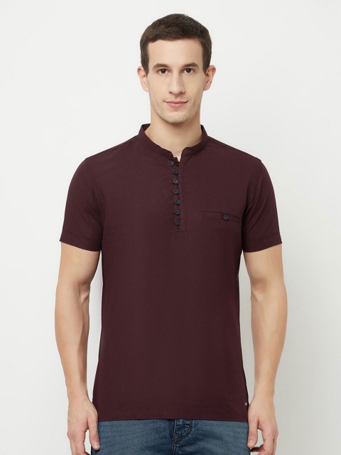 

Octave Men Maroon & temptress Mandarin Collar Applique T-shirt