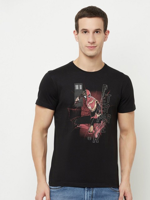 

Octave Men Black Spider-Man Printed Applique T-shirt