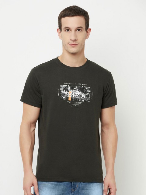 

Octave Men Olive Green & dark charcoal Printed Applique T-shirt