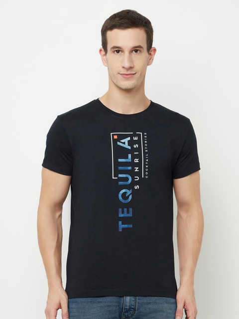 

Octave Men Navy Blue Typography Printed Raw Edge T-shirt