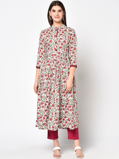 

ERISHA Women White Floral Printed Mirror Work Floral Kurta