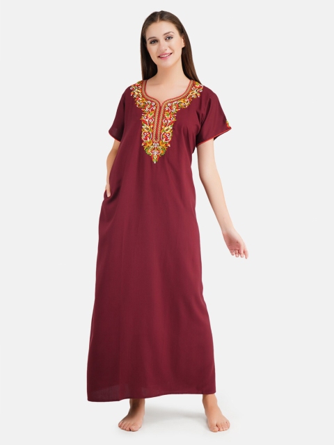 

KOI SLEEPWEAR Maroon Embroidered Lissybissy Cotton Maxi Nightdress With Pockets