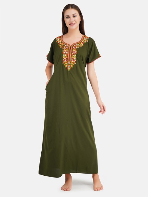 

KOI SLEEPWEAR Woman Green Embroidered Cotton Maxi Nightdress With Pockets