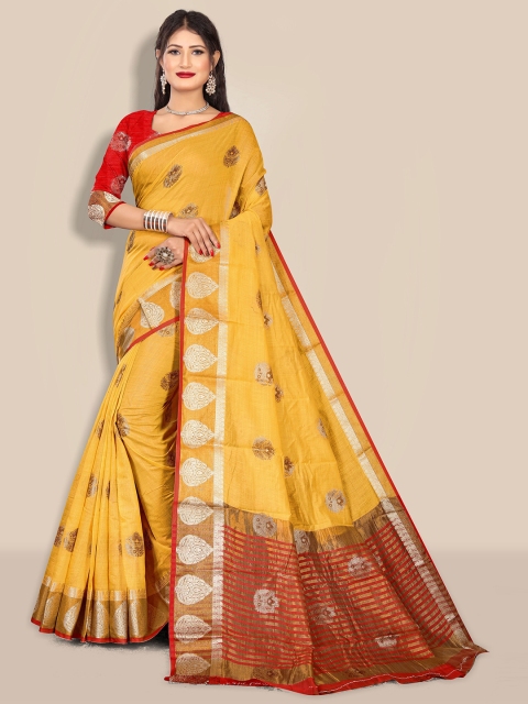 

Rivana Mustard & Gold-Toned Woven Design Zari Pure Cotton Chanderi Saree