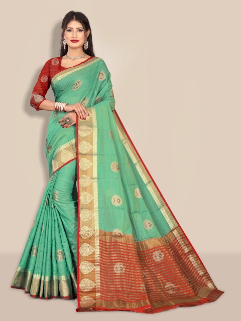 

Rivana Green & Red Woven Design Zari Pure Cotton Chanderi Saree