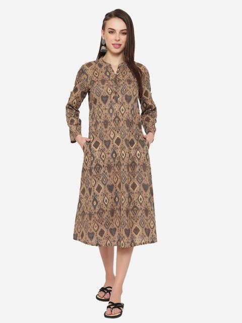

shashvi Brown & Brown Geometric Printed Shirt Collar Pure Cotton Kurti