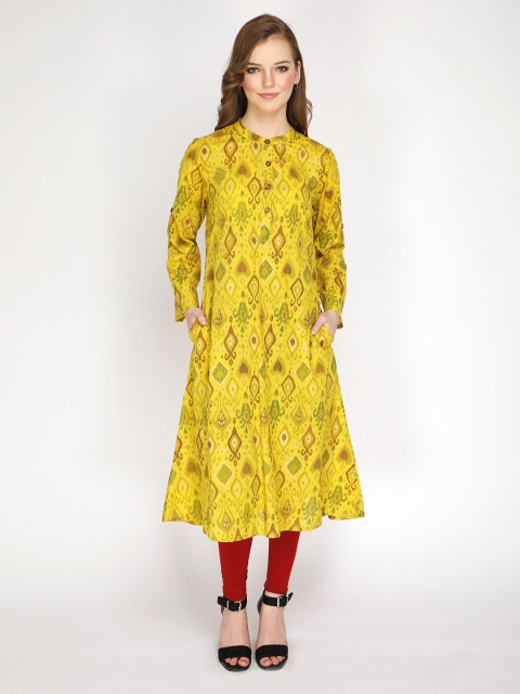 

shashvi Yellow & Yellow Geometric Printed Shirt Collar Pure Cotton Kurti