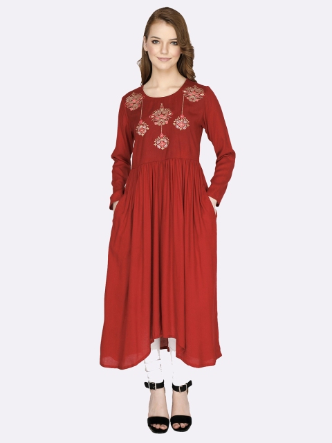 

shashvi Red & Red Ethnic Motifs Embroidered Thread Work Thread Work Anarkali Kurti