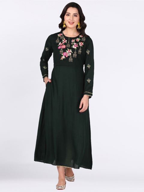 

shashvi Green & Green Ethnic Motifs Embroidered Thread Work Thread Work Anarkali Kurti