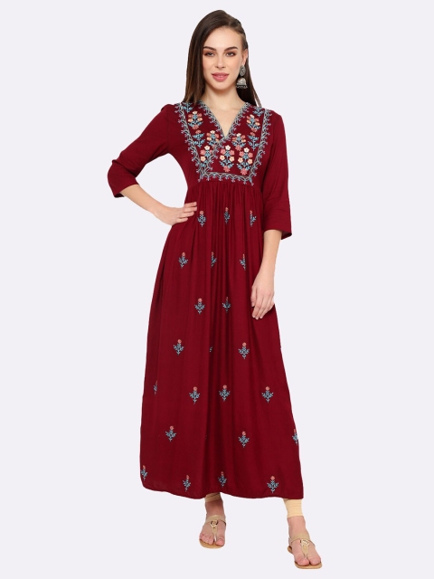 

shashvi Maroon & Maroon Floral Embroidered V-Neck Thread Work Thread Work Anarkali Kurti