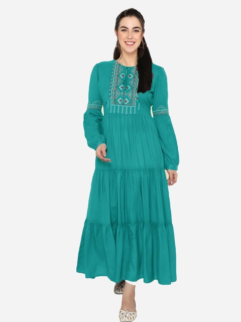 

shashvi Teal & Teal Geometric Embroidered Thread Work Thread Work Anarkali Kurti