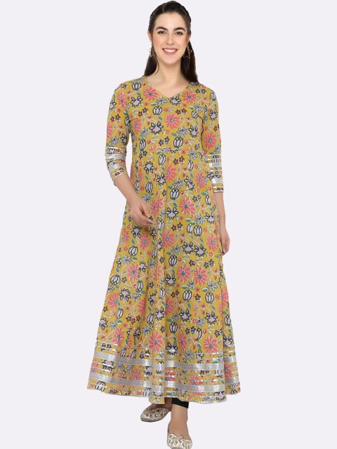 

shashvi Multicoloured & Multicoloured Floral Printed V-Neck Pure Cotton Anarkali Kurti, Multi