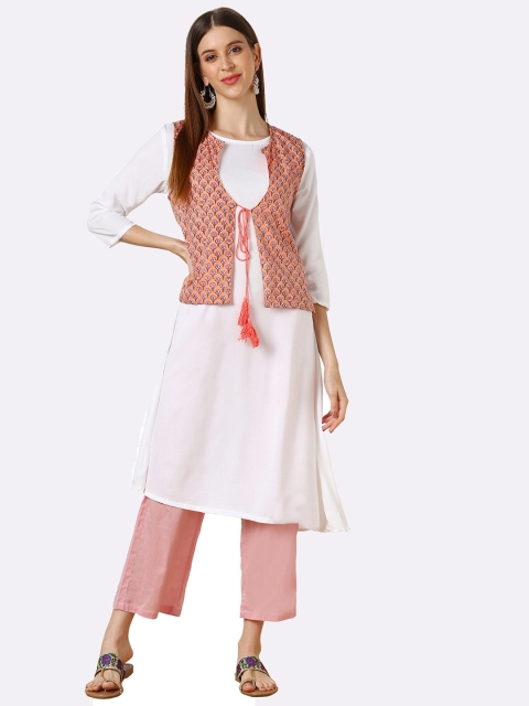 

shashvi Peach-Coloured & Peach-Coloured Floral Printed Pure Cotton Kurti