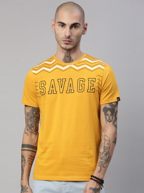

Breakbounce Men Mustard Yellow & orange peel Typography Printed V-Neck Applique T-shirt