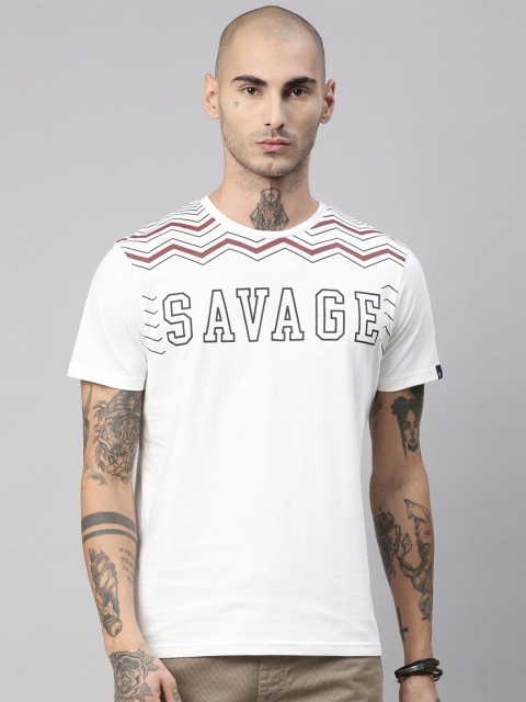 

Breakbounce Men White & guyabano Typography Printed V-Neck Applique T-shirt