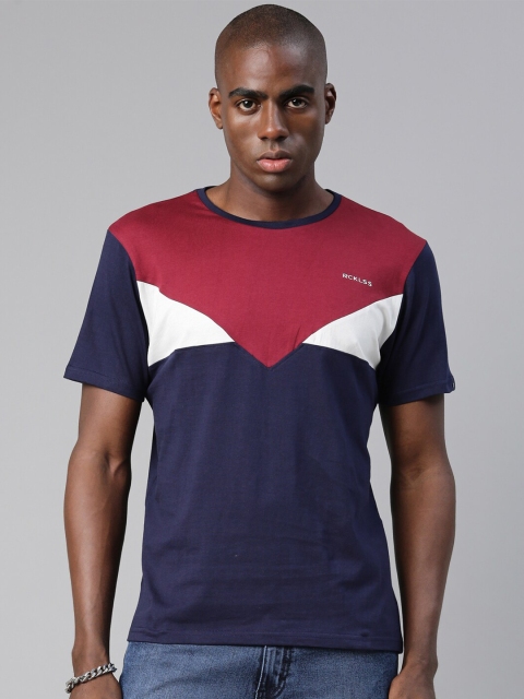 

Breakbounce Men Navy Blue & space cadet Colourblocked Applique T-shirt