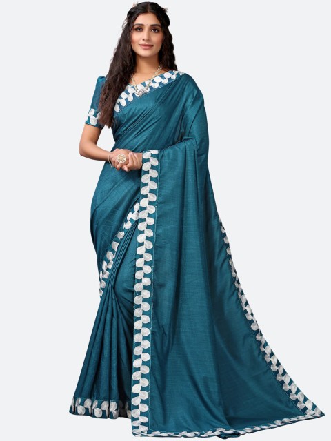 

Satrani Teal & White Solid Poly Silk Saree
