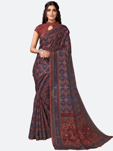 

Satrani Navy Blue & Rust Floral Printed Saree