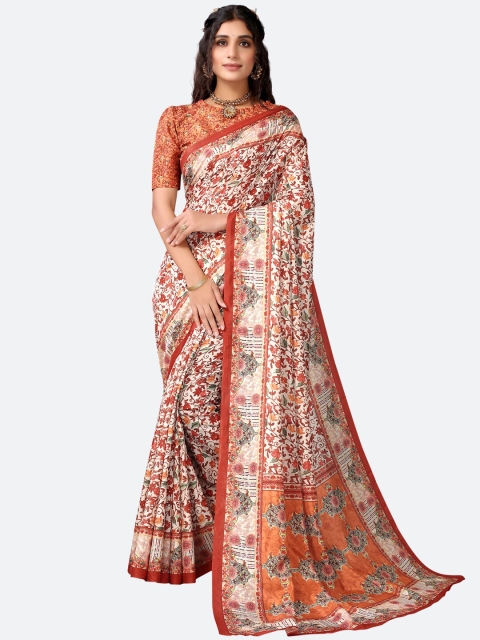 

Satrani Cream-Coloured & Red Floral Saree