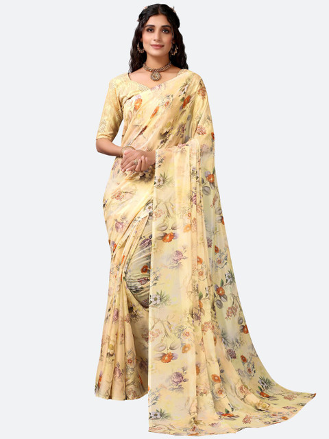 

Satrani Yellow & Pink Floral Printed Saree