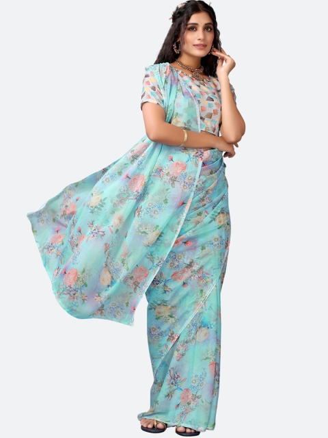

Satrani Turquoise Blue & Pink Floral Printed Saree