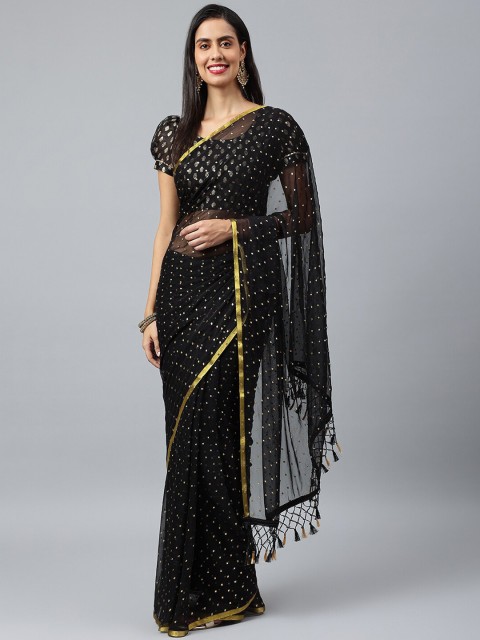 

KALINI Black & Gold-Toned Embellished Chiffon Saree